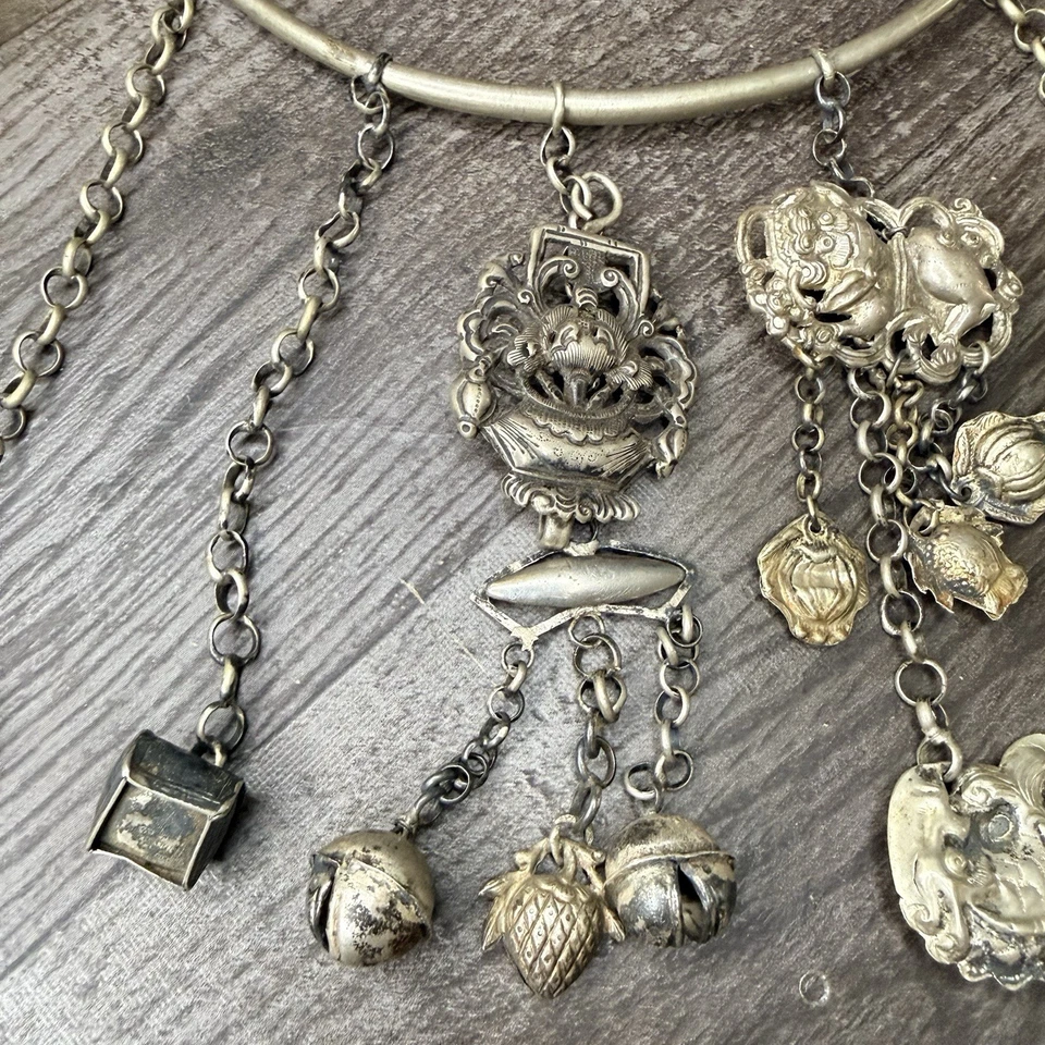 Antiguo collar chino Qing 19C medallón de plata esterlina ajustable 20 pulgadas Foto 3 de 4