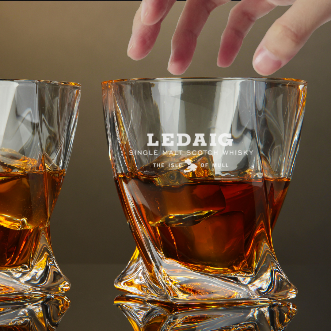 Custom Engraved Ledaig Scotch Whiskey Glass – 10 oz Twisted Rocks Glass