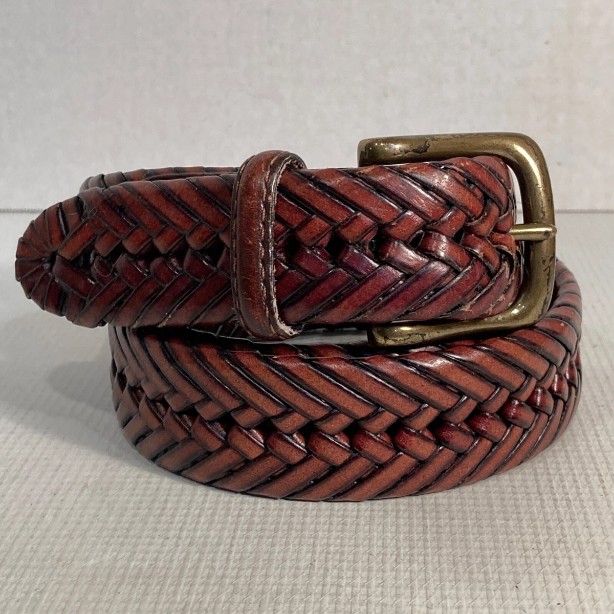 TOMMY HILFIGER Brown LEATHER Size 38 BELT Braided Woven Logo Brass Buckle