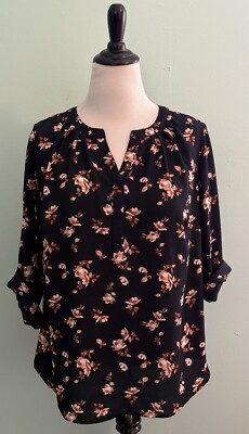 41 Hawthorn Stitch Fix Top Plus Size 1X Navy Blue Burnt Orange Morey Split Neck