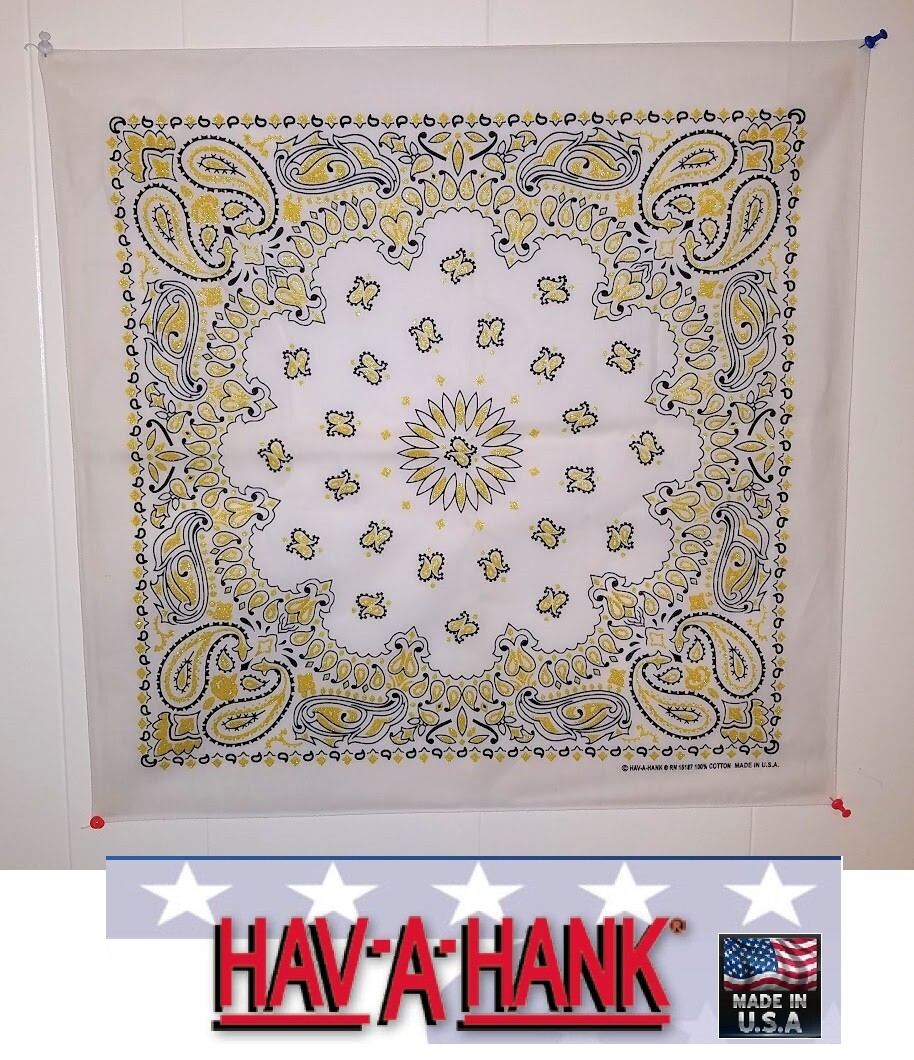 USA Made*WHITE w/GOLD GLITTER Paisley BANDANA BANDANNA Wrap Scarve