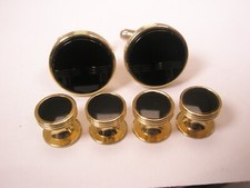 Round Black Gold Tone RIBBED Vintage Formal Cuff Links Tux Shirt Studs p20