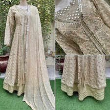 Pakistani Beige double Long Maxi Style Embroidered Sequins Chiffon Dress,L 2