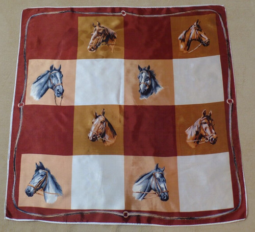 Vintage equestrian horse design satin scarf, 30" square, shades of brown & gray