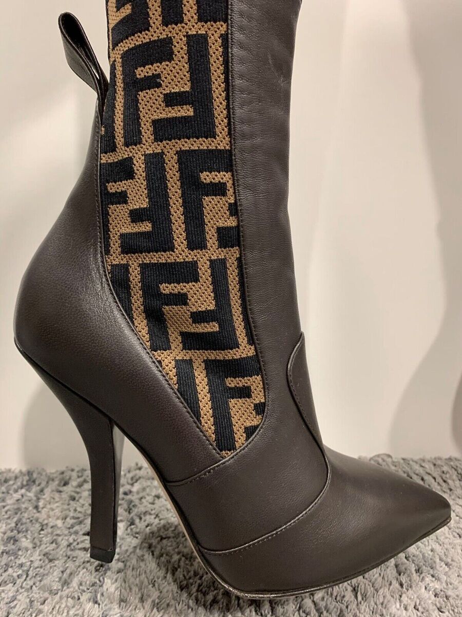 Fendi Rockoko Brown FF Logo Stretch Knit Sock Thigh High OTK Fendi Rockoko Brown FF Logo Stretch Knit Sock Thigh High OTK