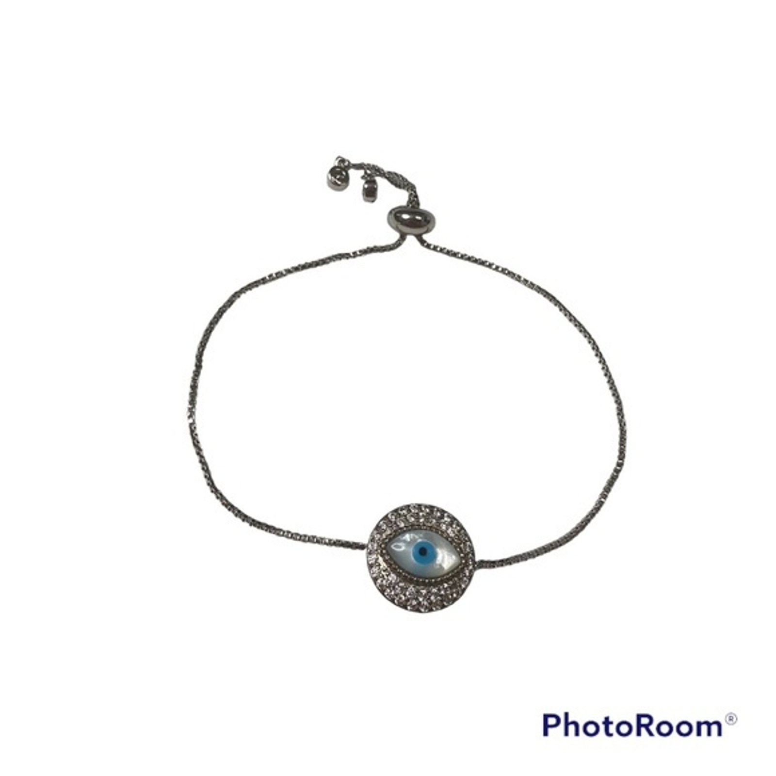 Evil eye round silver blue stone adjustable strap… - image 1