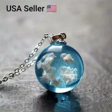 Chic Transparent Resin Round Ball Moon Pendant Necklace Unisex Blue Sky White