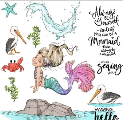 Cute Mermaid with Sea creatures clear cling stamps