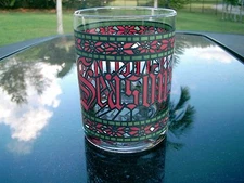CHRISTMAS SEASON'S GREETINGS  LOGO 4.25"  BEVERAGE GLASS RED AND GREEN LOGO