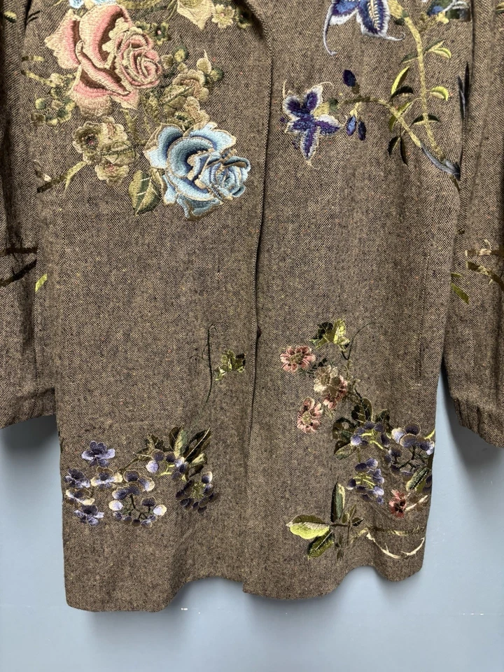 Abrigo Largo De Colección Peter Nygard Marrón Tweed Floral Bordado Talla 10/12 Foto 3 de 4