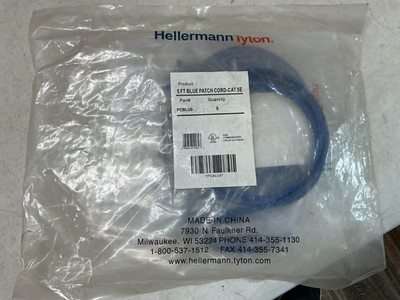 *FREE SHIPPING* Hellermann Tytion PCBLU5 Blue Patch Cord 5ft Cat 5E (5pcs.) -NEW