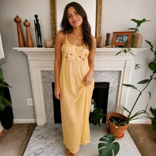 Vintage 70's Peach Floral Nightgown Cut Out Maxi Spaghetti Strap Size Large