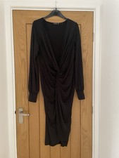 Boohoo Dress Size 14 Twist Knot Plunge Neck Ruched Figure Hugging Midi
