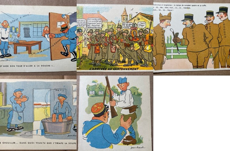 Vtg French Military Humor Postcards - Lot of 5- Illustrated Humorous Cartoo