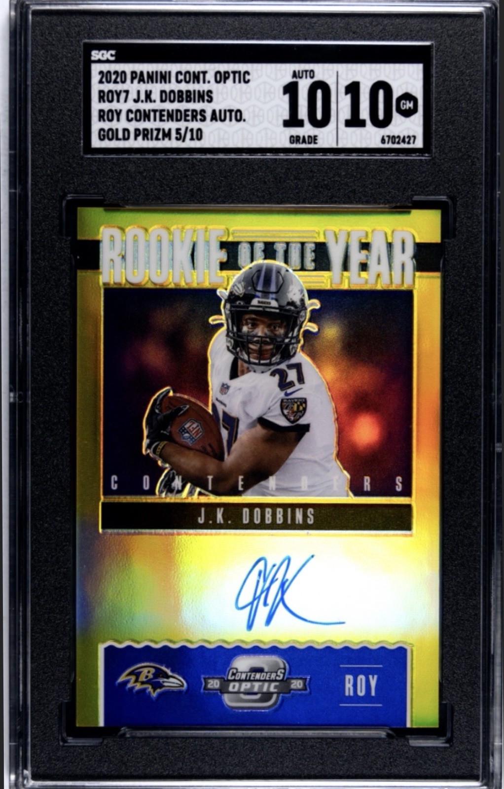 2020 PANINI CONT. OPTIC J.K. DOBBINS R.O.Y. CONTENDERS AUTO GOLD PRIZM 5/10