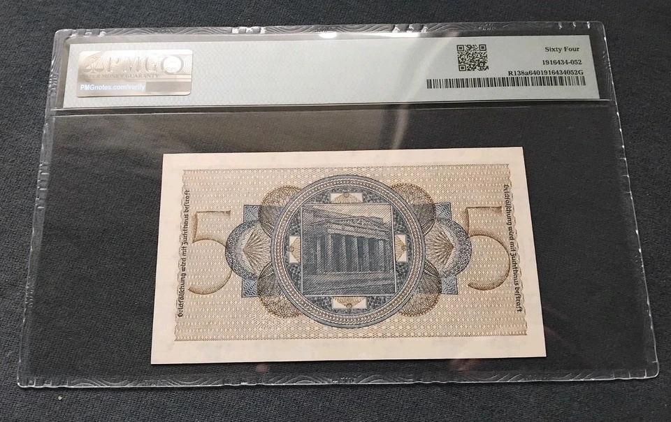 German WW2 PMG 64 Choice Uncirculated 5 Reichsmark Banknote - image 2 of 4