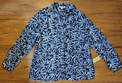 Studio Works Womens Blouse Shirt Large Blue Tropical Leaves  Lightweight Casual