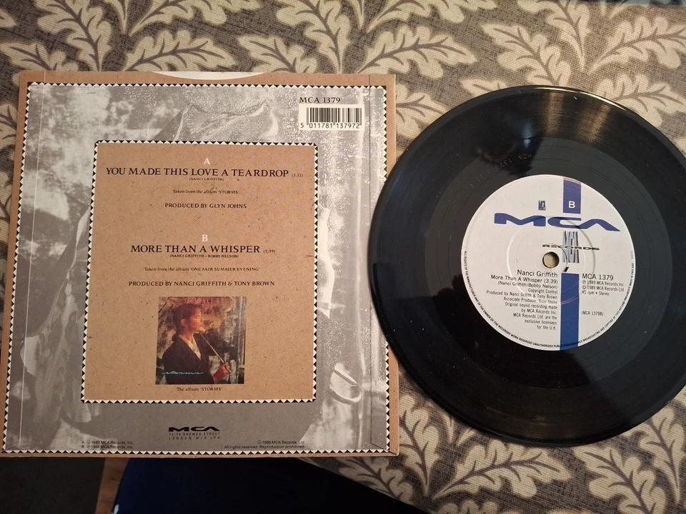 NANCI GRIFFITH "YOU MADE THIS LOVE A TEARDROP" 45 RPM VINYL SINGLE 1989 NM - Image 2 of 2