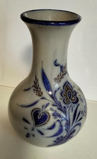Dekorative Vase Steingut grau blau Gräser+Blüten Landhaus 22x15cm guter Zustand