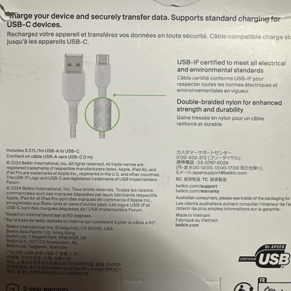 Belkin Charging Braided Cable USB-A to USB-C 3.3  feet White - Image 3 of 4