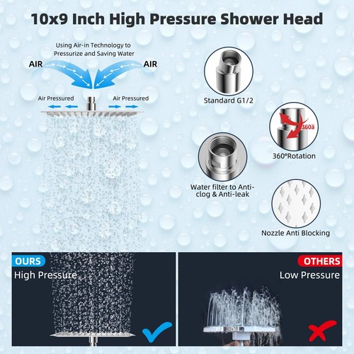 High Pressure Shower Faucet Set 10" Rainfall Shower Head Combo 4 Colors - Picture 5 of 42