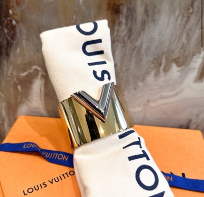 Louis Vuitton Essential V Two Tone Gold Silver Logo Cuff Bracelet