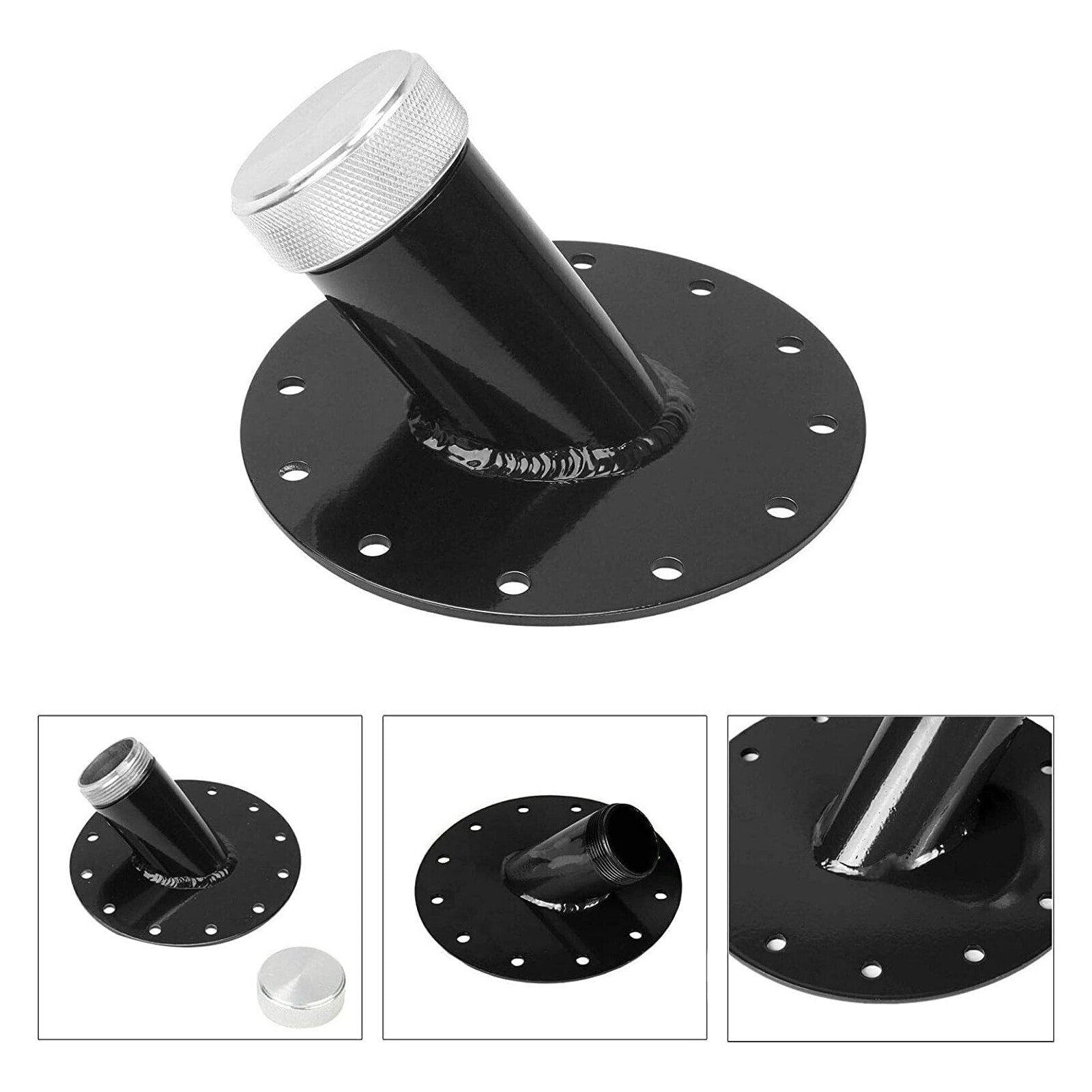 KYOSTAR Black Aluminum 12-Bolt Fuel Cell Filler Neck & Cap – 45 Degree Angle, Anodized (KD5020BK)