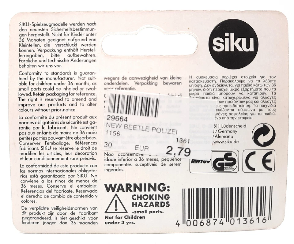 SIKU 1361 New Beetle Polizei police. white. 1:55. metal. blister card. Germany - Image 2 of 2