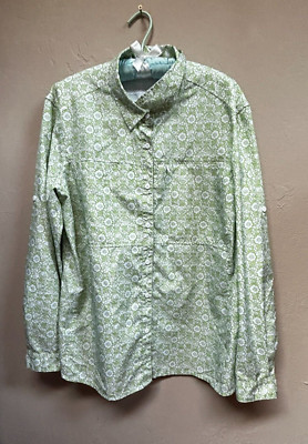 Eddie Bauer Women's Button Down Green Floral Shirt XXL Roll-Tab Sleeve Pockets