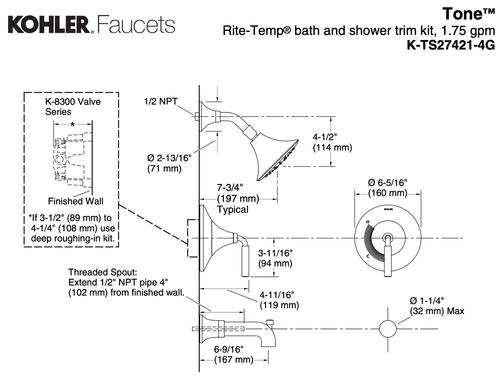 Kohler Tone Shower Trim Kit 1.75 GPM TS27421-4G-CP Chrome New In Box - Picture 2 of 2