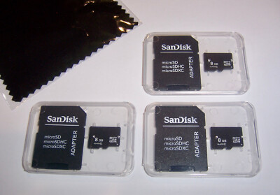 Lot of 3 New 8GB Micro SD Memory Cards, 8 GB MicroSD + Cleaning Cloth - USA
