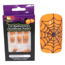 Halloween Fancy Dress 12 Pack FAKE NAILS - Orange Web Design
