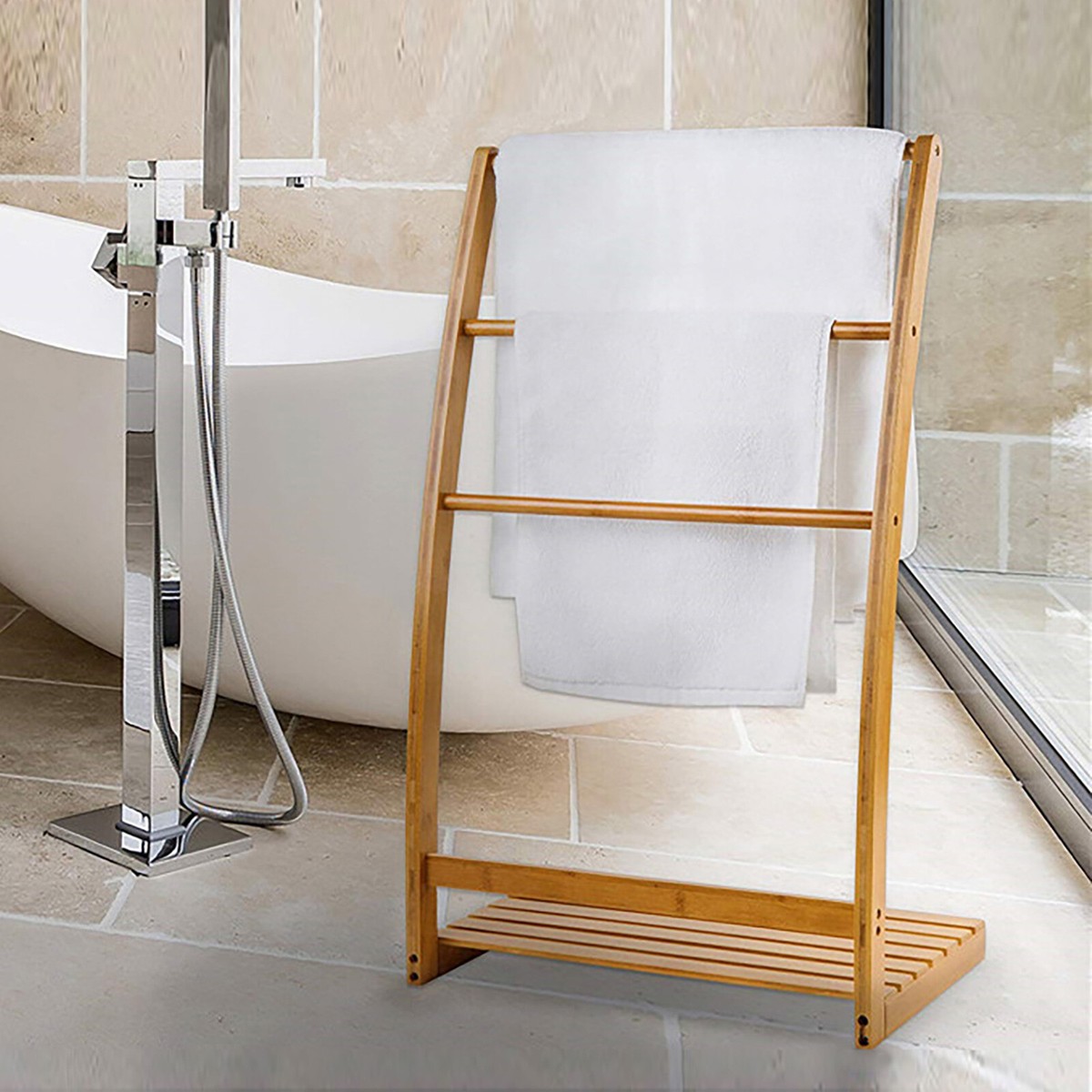 Tier Bamboo Freestanding Towel Rack Stand For Hotel Home
