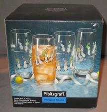 Pfaltzgraff Penguin Skate 4 Pc Cooler Set 7" Drinking Glasses Tumblers NIB