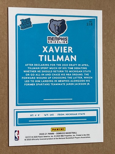 2020-21 Donruss Rated Rookie XAVIER TILLMAN Red Laser RC /99 Grizzlies - Picture 2 of 2