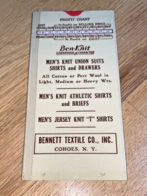 Vintage BEN-KNIT UNDERWEAR / BENNETT TEXTILES-  PROFIT CHART - COHOES , N.Y.
