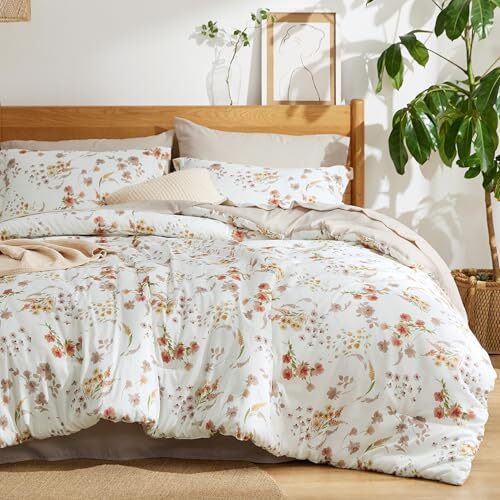 Comforter Set - 7 Pieces Bedding Sets Bed in a Bag with Floral Queen White-image