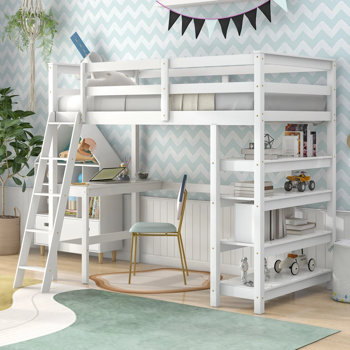 Full Size Loft Bed Solid Wood Bed Frame with Ladder, Shelves & Desk - Gray