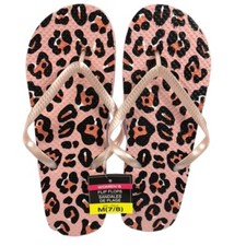 Leopard Pink Women's Animal Print Rubber Flip Flops Shoes Beach Sandals Sm M Lg