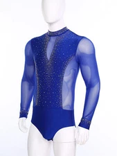 Men Leotard Long Sleeve Jumpsuit Rumba Bodysuit See-Through Dancewear Jazz Show