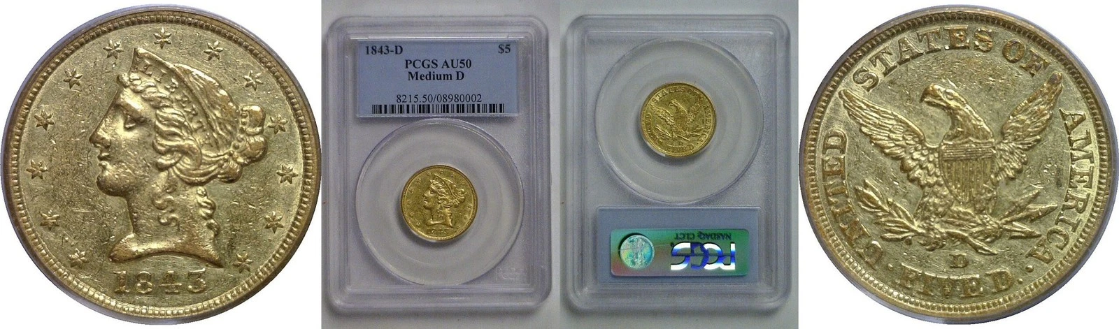 1843-D $5 Liberty   PCGS AU-50