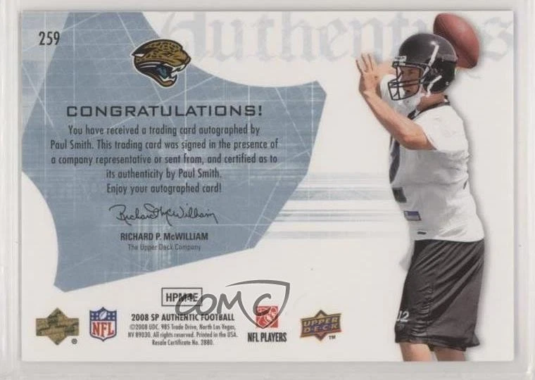 2008 SP Authentic Rookie Authentics Signatures /399 Paul Smith #259 Auto - Image 2 of 2