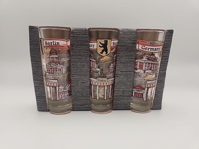 New 3 Souvenir Tall Shot Glasses Berlin Germany 4'' Tall Historic Buildings 