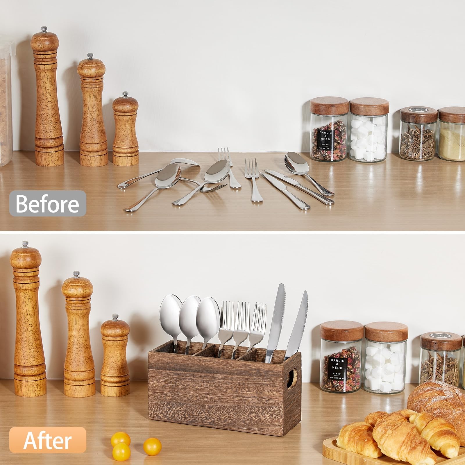 Wooden Silverware Holder,Kitchen Utensil Caddy with 3 Compartments,Cutlery St...