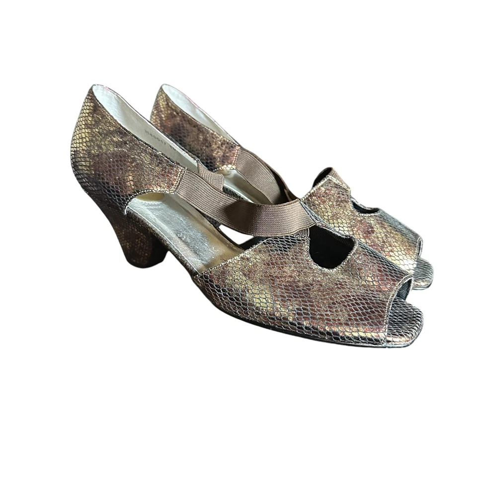 Ros Hommerson peep toe heel comfort size 10 1/2 Wide brown and gold snake skin - Image 3 of 4