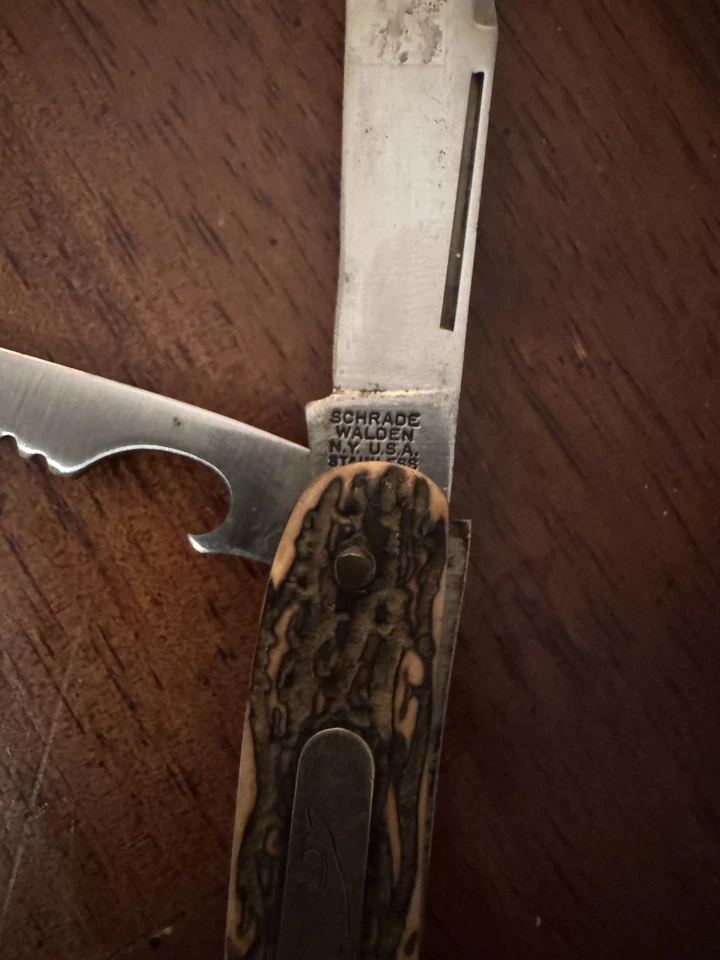 Vintage Schrade Walden #209 Fisherman’s Knife – Jigged Delrin Handles – 2 Blades - Image 4 of 4