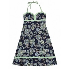 LOFT Y2K Navy Halter Floral Sundress with Mint Trim, Size 10