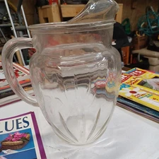 Vintage Federal Glass Star Pitcher Ice Lip Clear Ribbed Handle Cottage Farmhouse