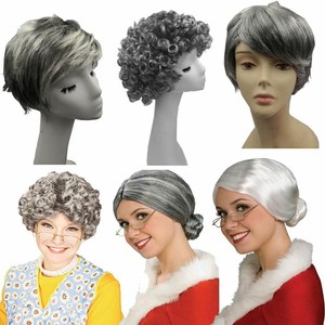Granny Old Lady Grandma Grandpa Curly Wig Bun Hair Fancy Dress
