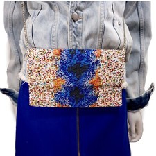 Image of Blue Orange Haze Beaded Fold Over Clutch Silver Chain Tiana Designs
